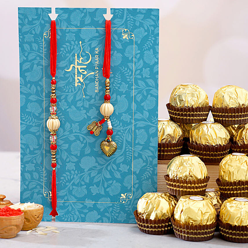 Red Pearl And Lumba Rakhi Set With 16 Pcs Ferrero Rocher
