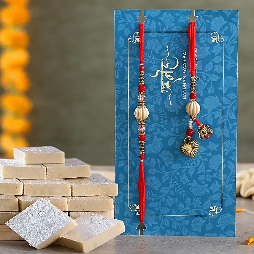 Red Pearl And Lumba Rakhi Set With Kaju Katli