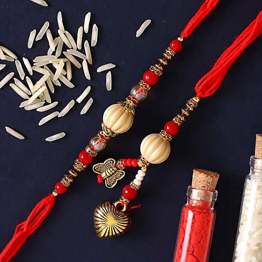 Red Pearl And Lumba Rakhi Set With Kaju Katli