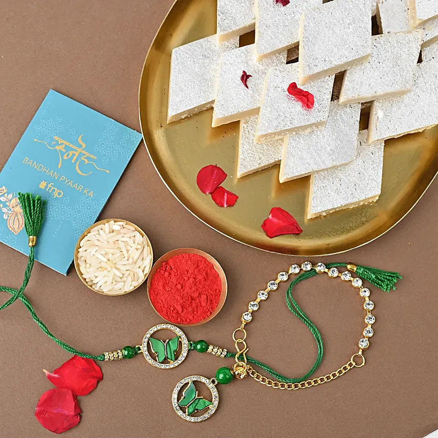 Sneh Butterfly Bhaiya Bhabhi Rakhi Set N Kaju Katli