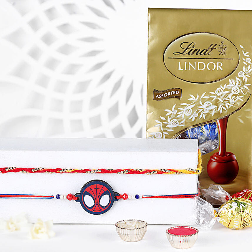 Spiderman Mask N Mauli Dhaga Rakhi Set With Lindt Pack