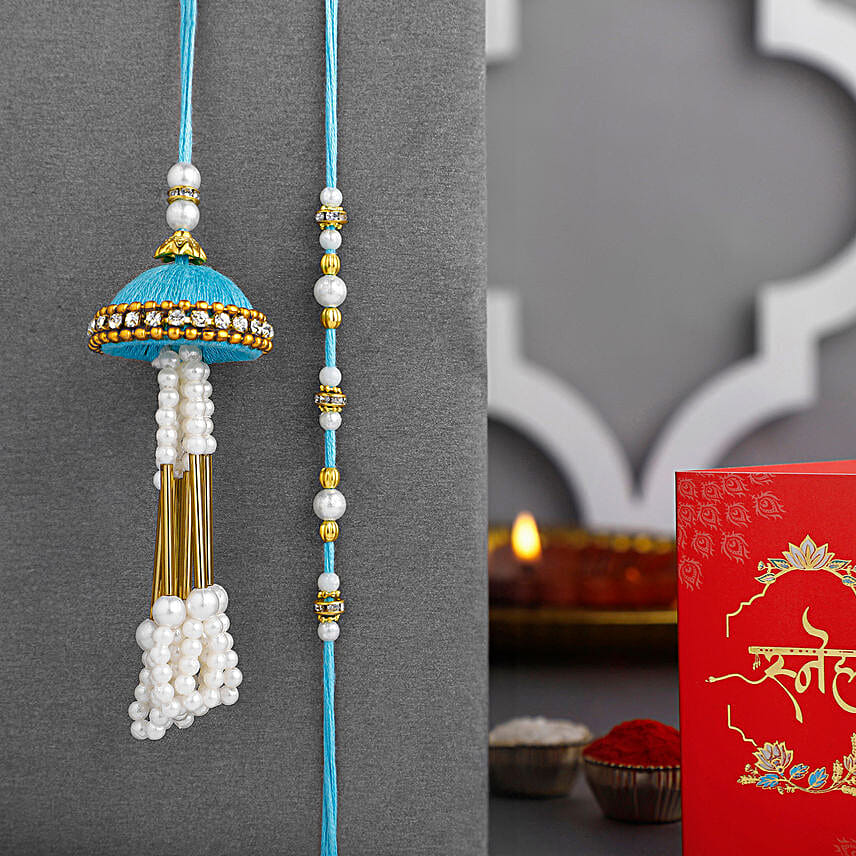 Tranquil Jhumar Bhaiya Bhabhi Pearl Rakhi Set N Ferrero Delight