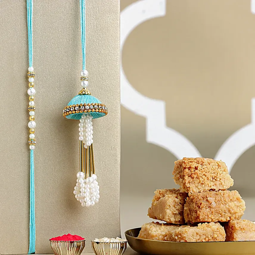 Tranquil Jhumar Bhaiya Bhabhi Pearl Rakhi Set N Milk Cake Delight