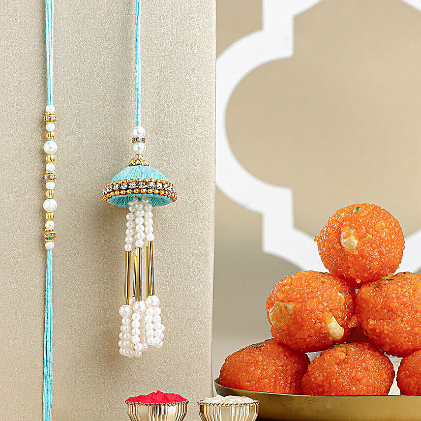 Tranquil Jhumar Bhaiya Bhabhi Pearl Rakhi Set N Sweet Delight