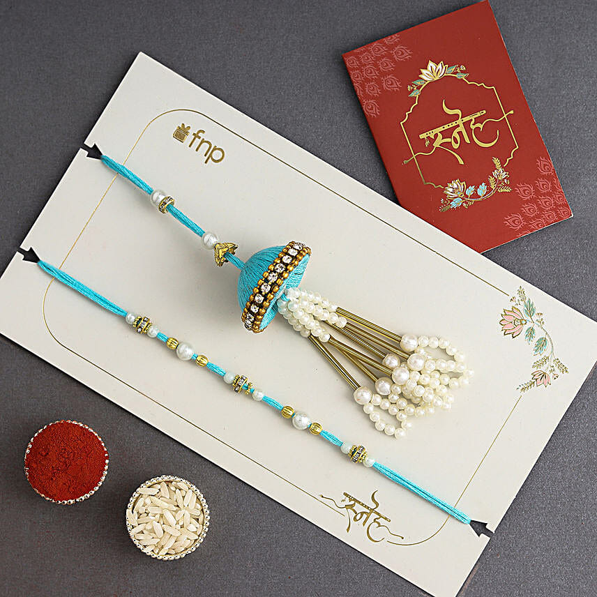 Tranquil Teal Jhumar Bhaiya Bhabhi Pearl Rakhi Set N Cashew Combo