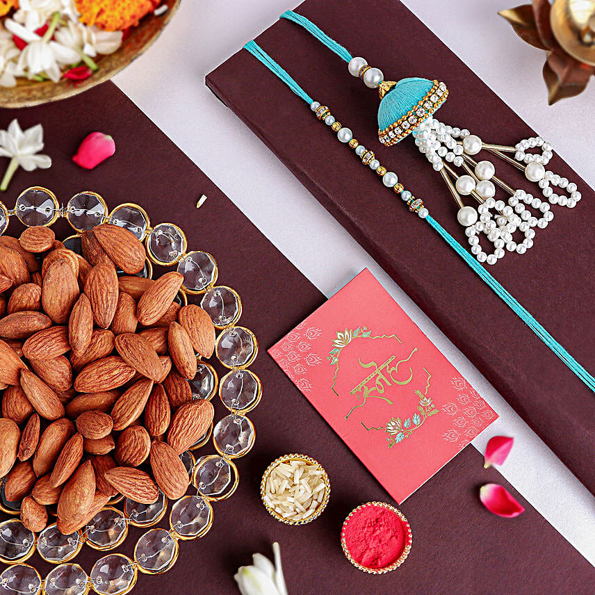 Tranquil Teal Jhumar Bhaiya Bhabhi Pearl Rakhi Set N Nutty Duo