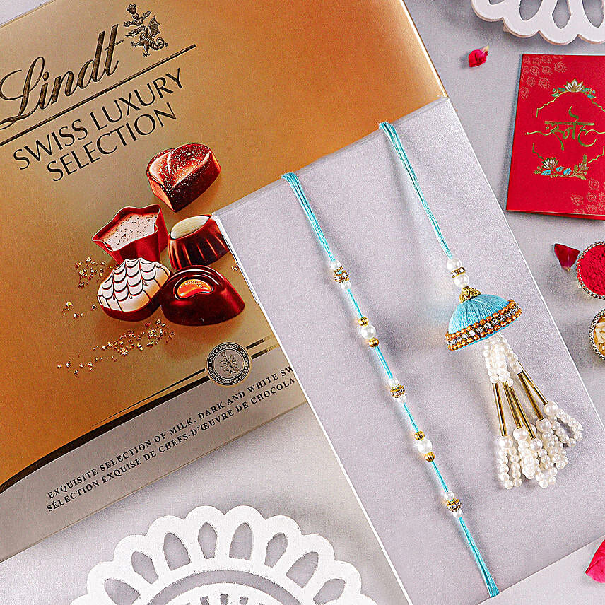 Tranquil Teal Jhumar Bhaiya Bhabhi Pearl Rakhi Set N Truffle Combo