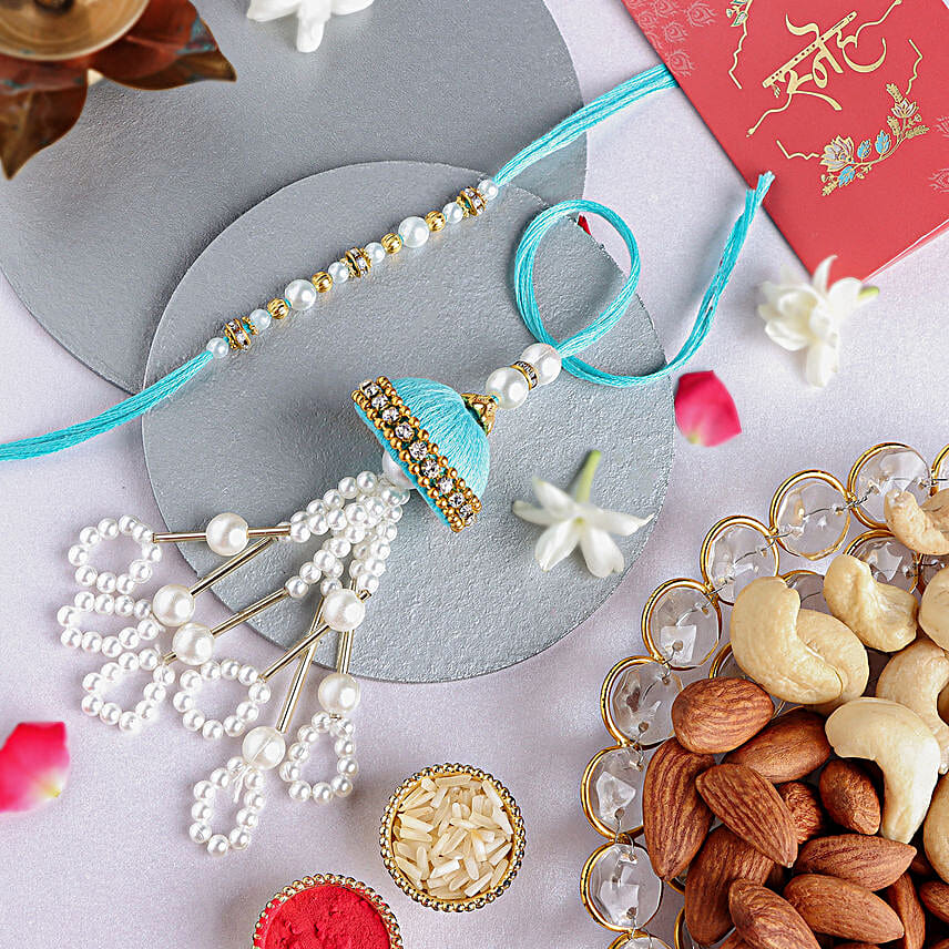 Tranquil Teal Jhumar Bhaiya Bhabhi Rakhi Set N Nutty Duo
