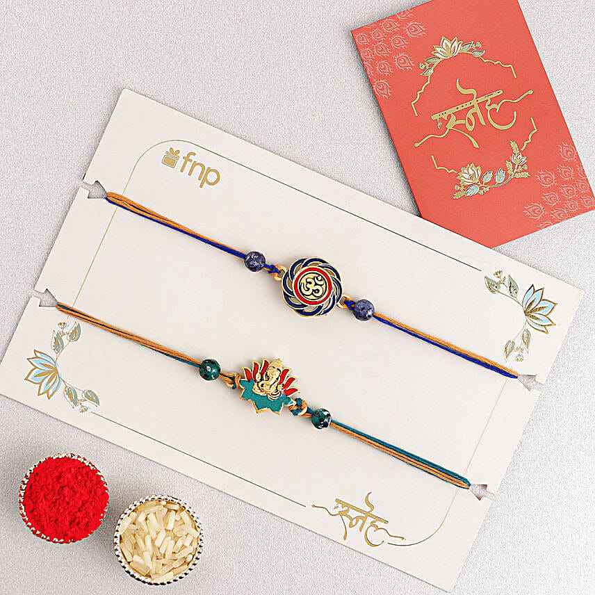 Vibrant Ganesh and Om Rakhi Duo N Rasgulla Delight