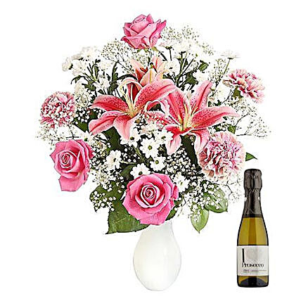 Flower Bouquet And Wine Combo