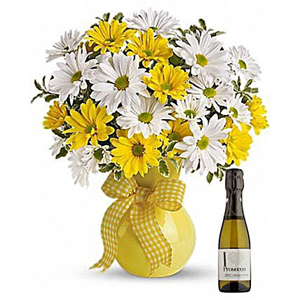 Majestic Chrysanthemums Bouquet With Wine:Send Carnation Flower to UK