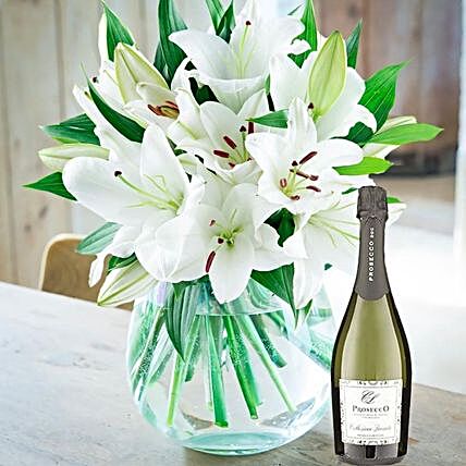 White Lily Bouquet With Prosecco Wine