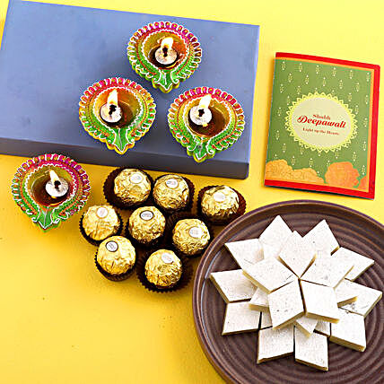 Happy Diwali Diyas And Sweet Treats Hamper:Send Sweets to UK