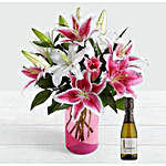 Pink And White Lily With Prosecco Wine