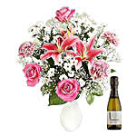 Flower Bouquet And Wine Combo