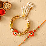 Krishna And Ganesha Rakhi With Orange Pearl Lumba Rakhi Set
