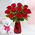 Red Roses Vase And Cute Teddy