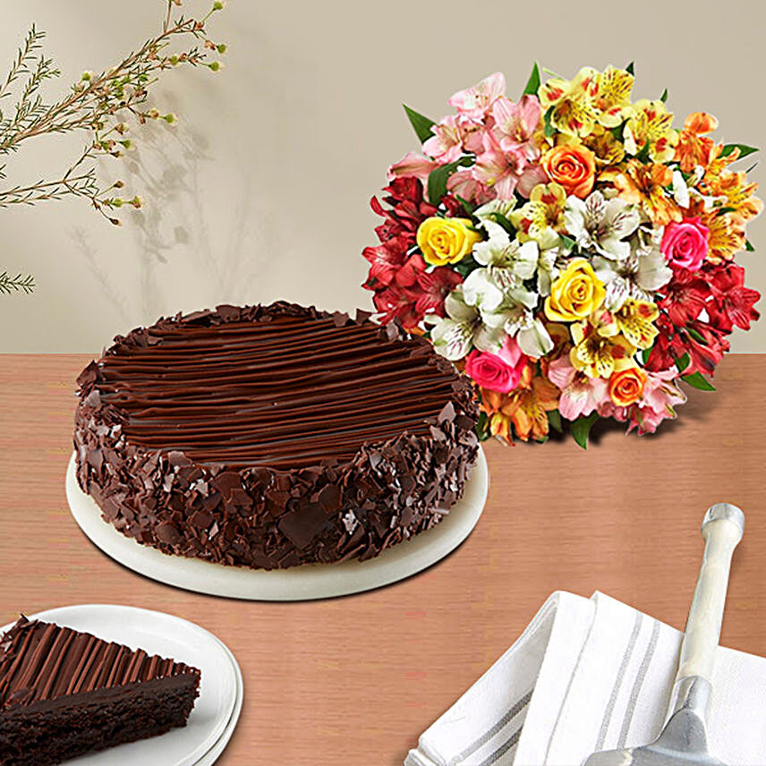 Chocolate Cake with Assorted Rose & Peruvian Lily Bouquet Birthday:Send Gifts to Boston