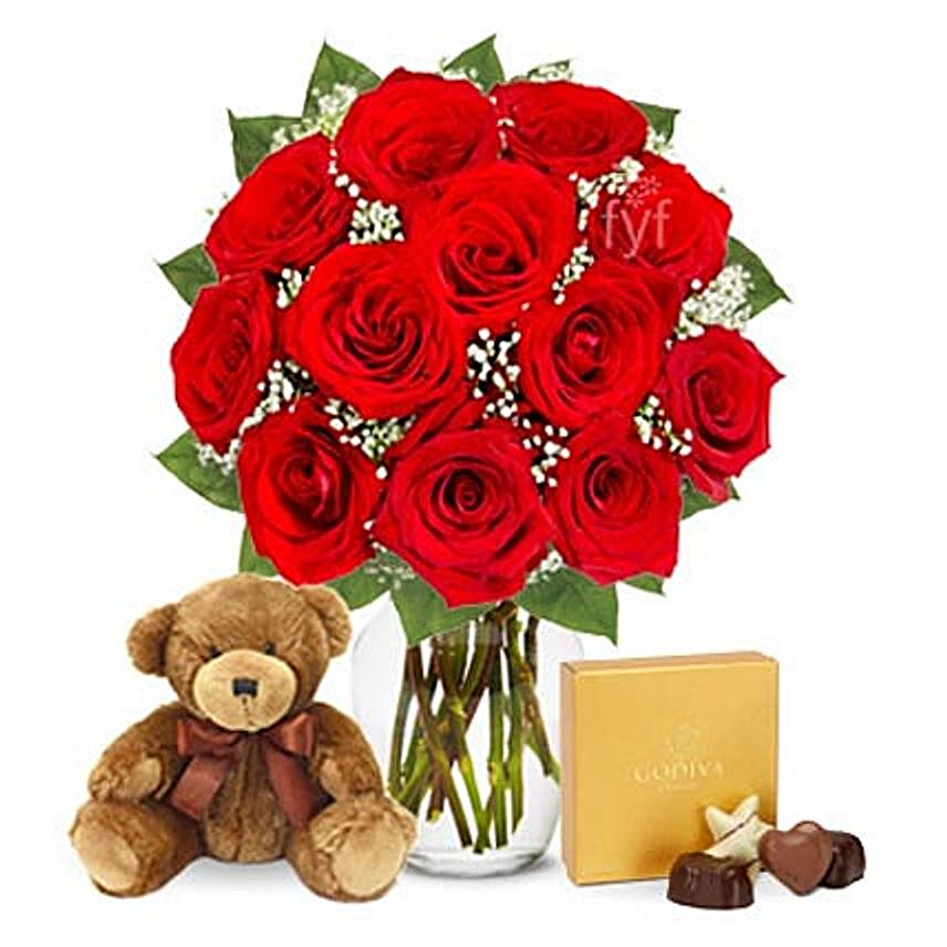 One Dozen Roses with Godiva Chocolates and Bear Birthday