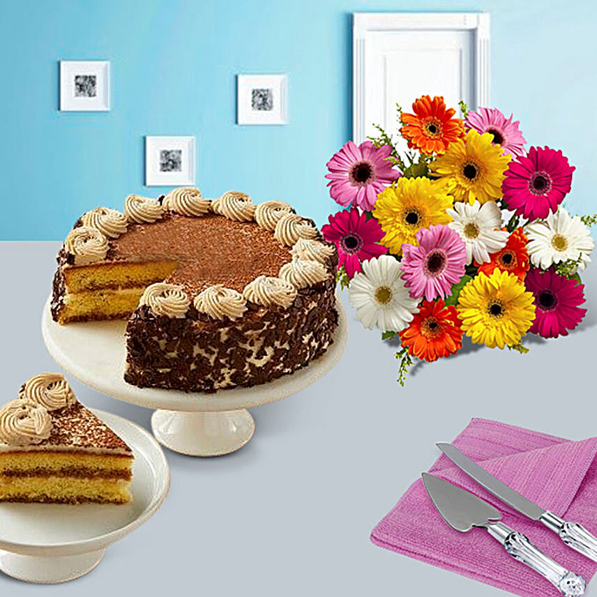 Tiramisu Cake with Colorful daisies Birthday:Cake and Flowers Delivery in USA