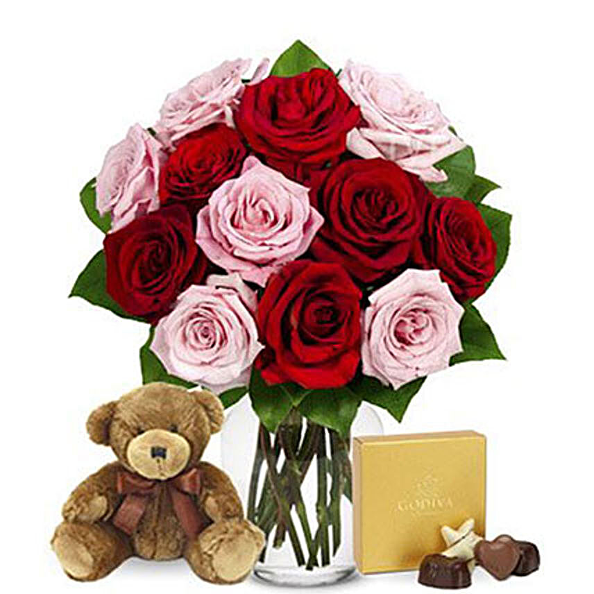 Love Redefined Red And Pink Roses Godiva Bear:Send Kiss Day Gifts to USA