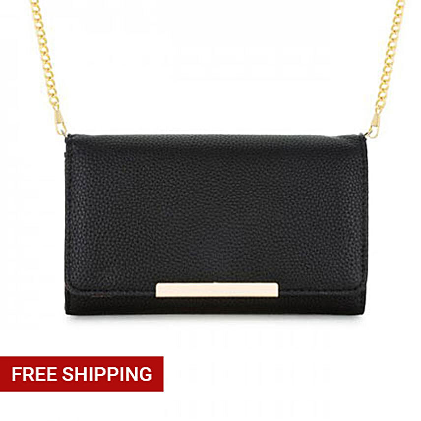 Laney Black Faux Leather Clutch With Gold Chain