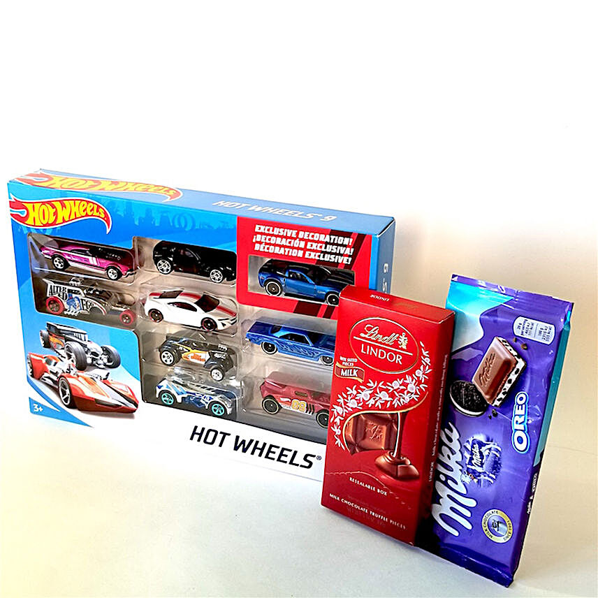 Hot Wheels Car Set And Chocolates:Newborn Baby Gifts to USA