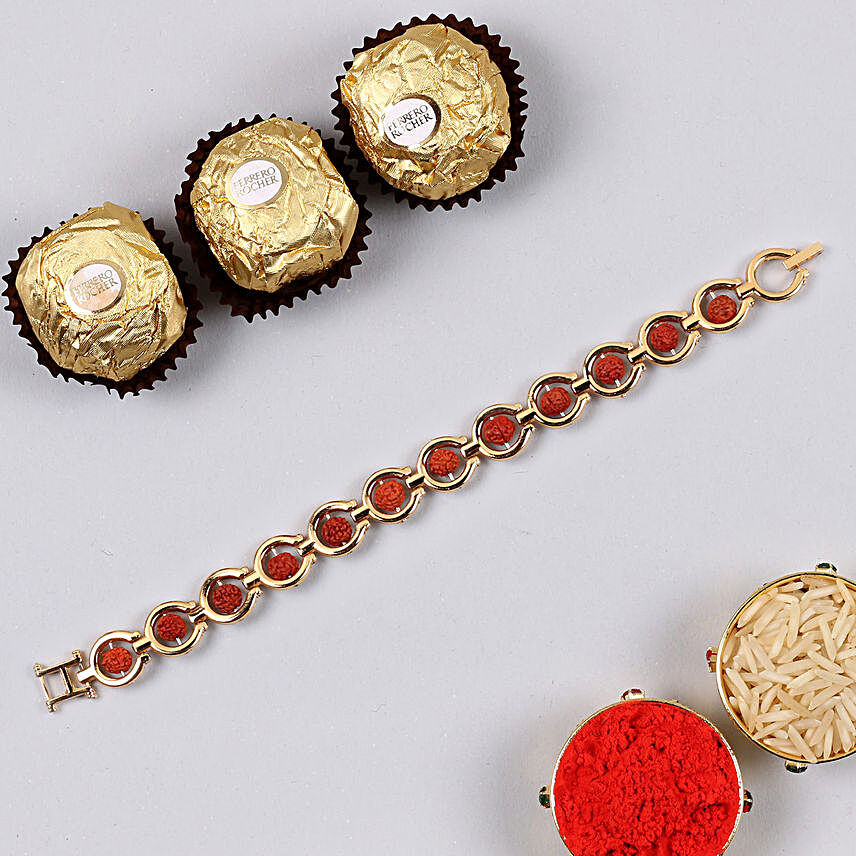 Divine Red Rudraksh Bracelet And 3 Pcs Ferrero Rocher