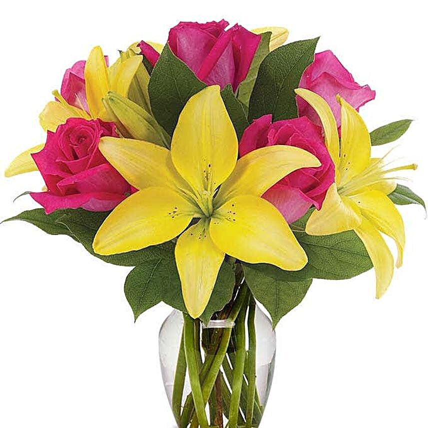 Yellow Lilies And Pink Roses Vase:Lilies