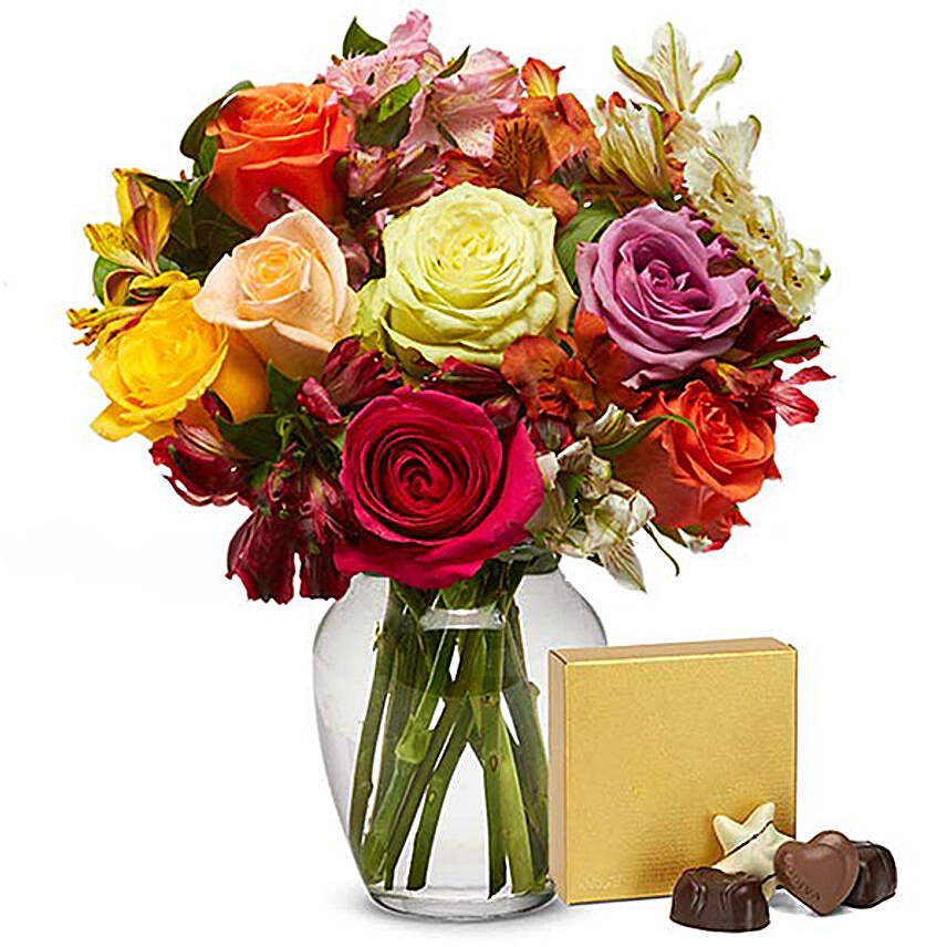 Mixed Roses Bunch And Chocolates