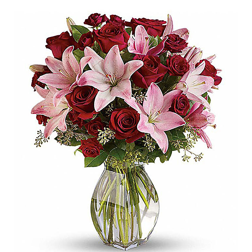 Pink Lily And Red Rose Bunch:Send Lilies to USA