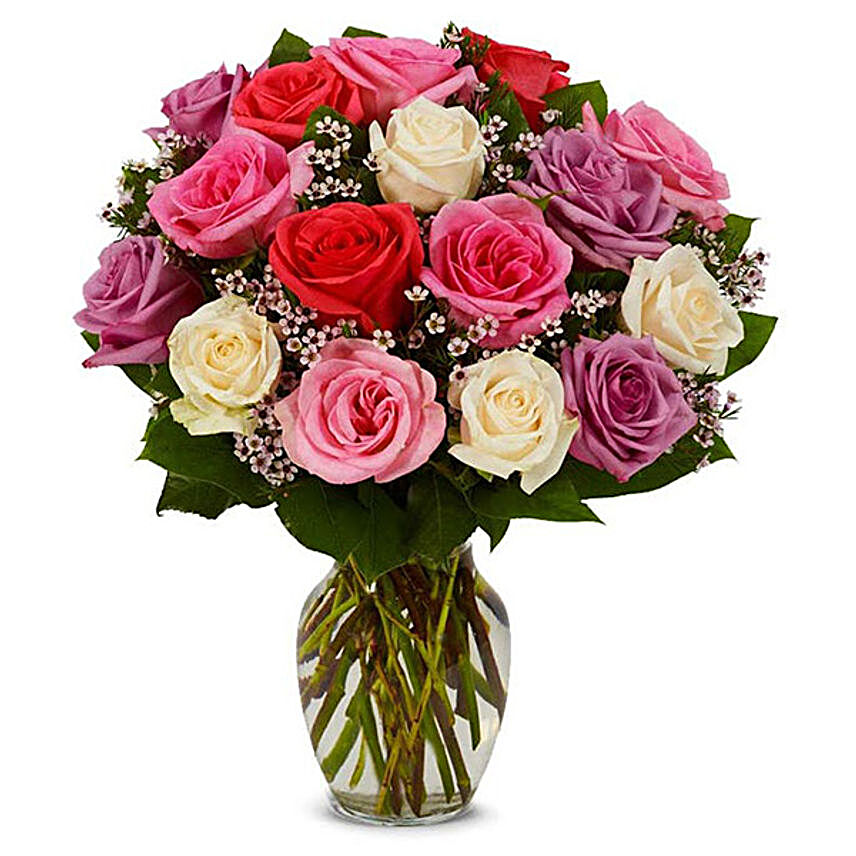 Assorted Rose And Wax Flower Glass Vase Arrangement