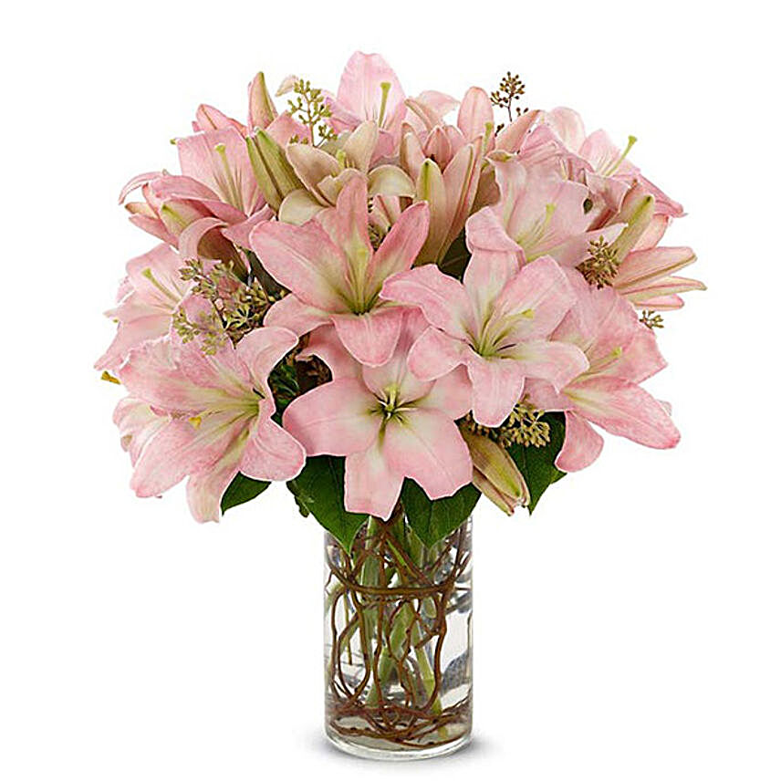 Lilies Cylindrical Glass Vase Arrangement:Send Lilies to USA