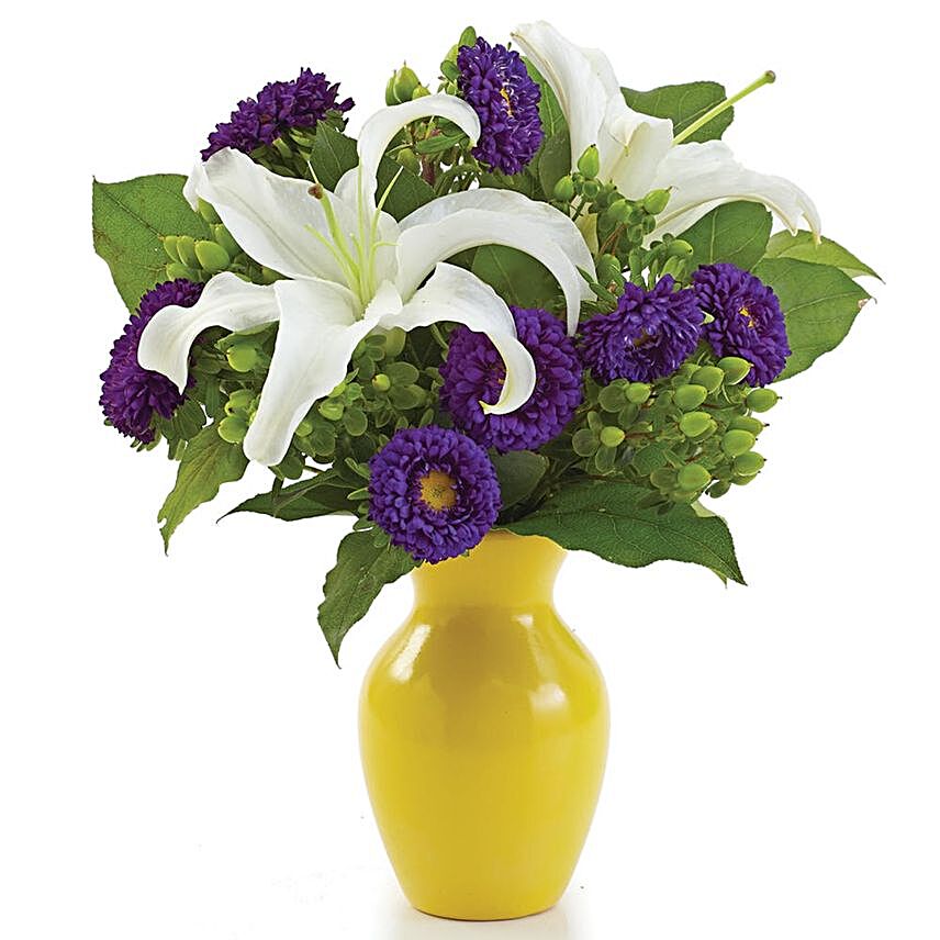 Elegant Assorted Flowers Yellow Vase Arrangement:Lilies