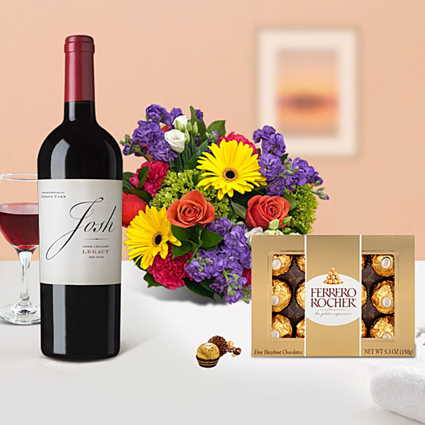 Mixed Flowers N Wine With Ferrero Rocher:Send Wine Gift Basket to USA