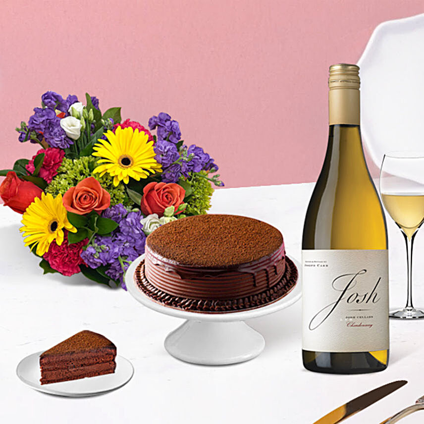 Mixed Roses Bouquet N Wine With Chocolate Cake:Womens Day Gifts to USA