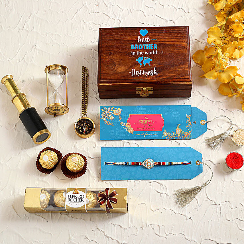 Meenakari Rakhi With Personalised Navigation Set and Chocolates