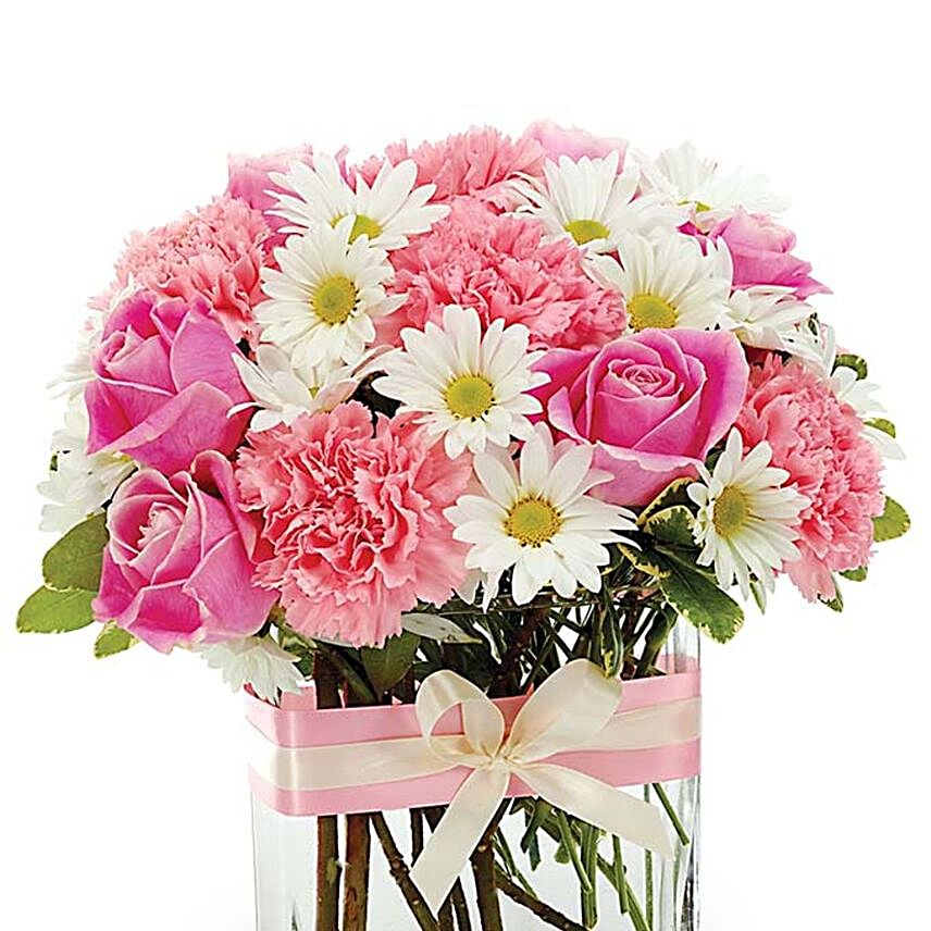 Delightful Mixed Flowers In Rectangular Vase:Valentine Flowers to USA