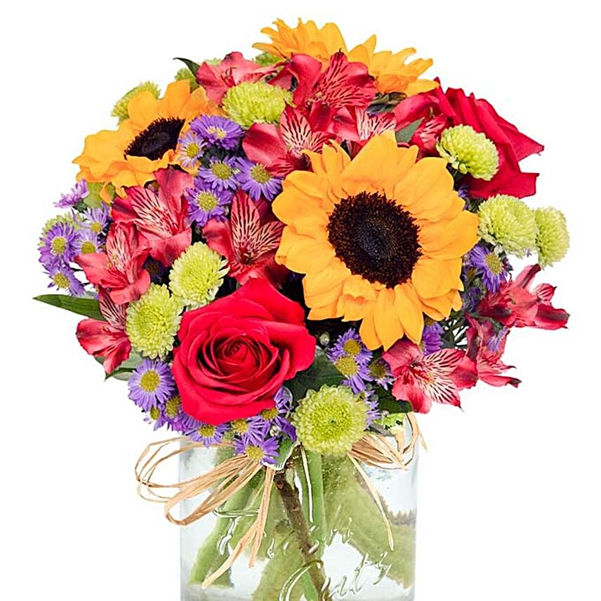Vibrant Mixed Flowers Jar:Send Gifts To USA with Same Day Delivery