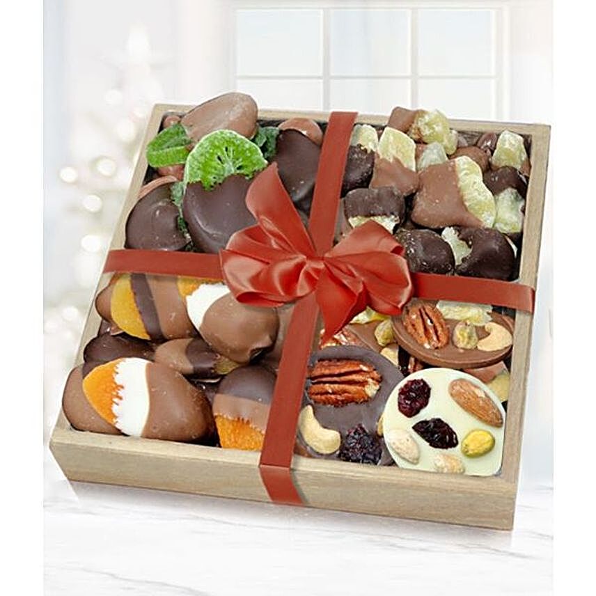 Belgian Chocolate Covered Dried Fruit Wooden Tray:Send Diwali Gifts to San Francisco
