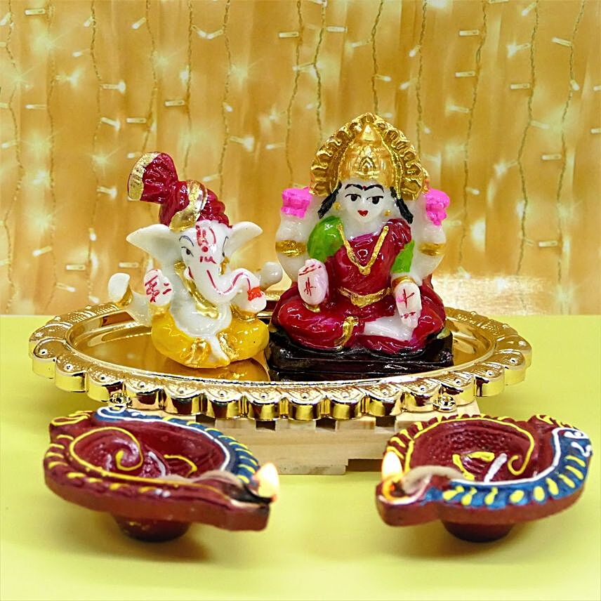 Lakshmi Ganesh Idols With Pooja Thali And Diyas