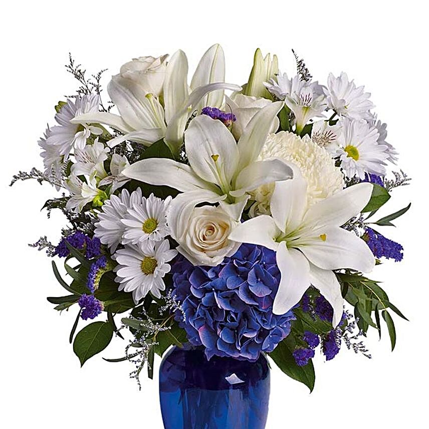 Serene Mixed Flowers Blue Vase:Hanukkah Gifts In USA