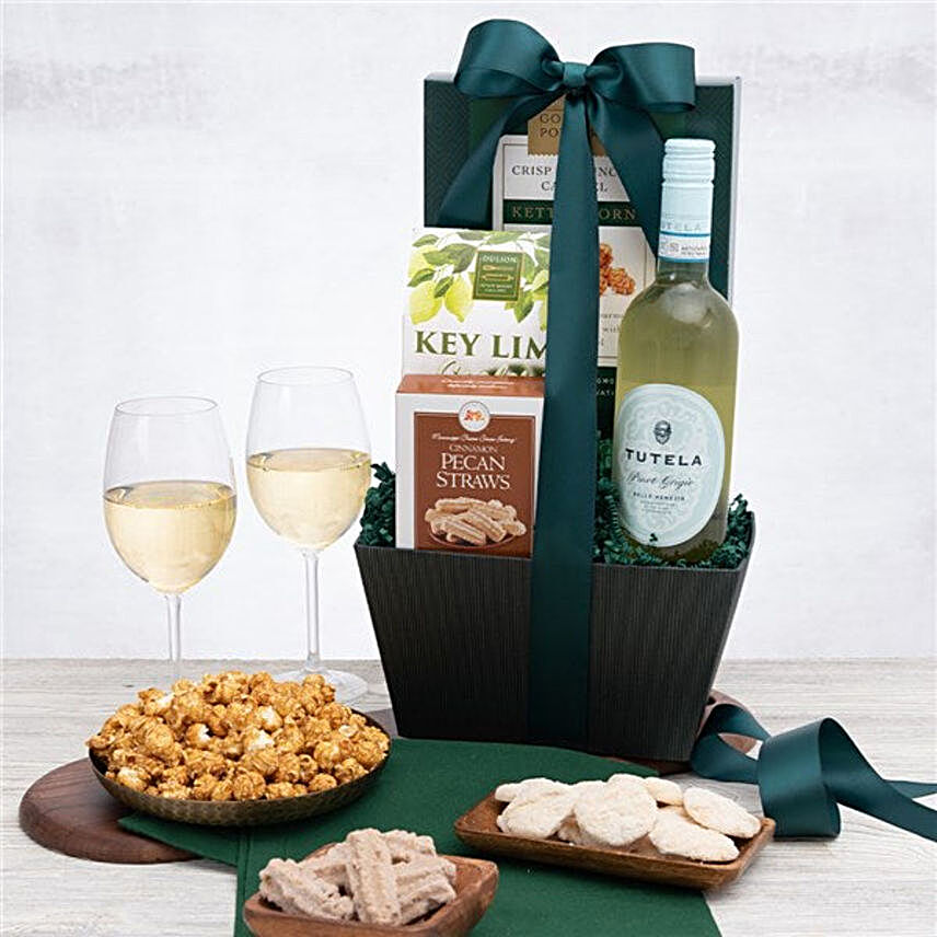 White Wine And Tasty Treats Christmas Hamper:Wine Gift Basket to USA