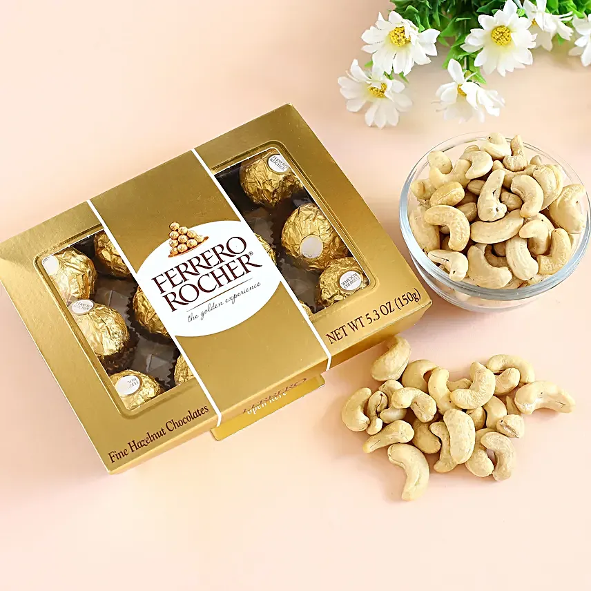 Ferrero Rocher And Cashews Combo:Bhai Dooj Dry Fruits to USA