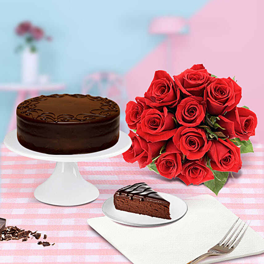 Chocolate Cake And Red Roses:Send Cake and Flowers in USA