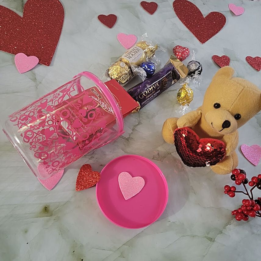 Assorted Chocolates And Cute Teddy V Day Gift