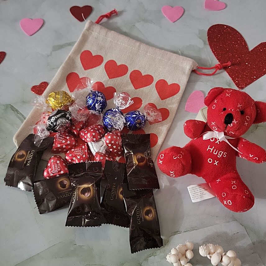 Assorted Truffles And Squares With Teddy V Day Hamper