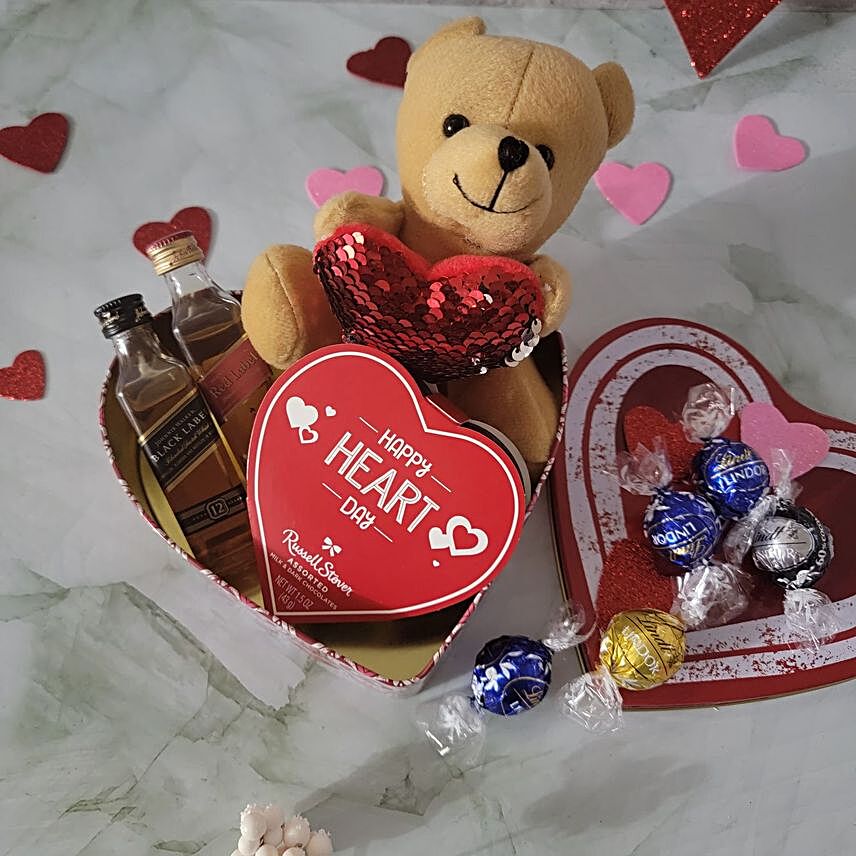 Happy Heart Day Truffles With Teddy And Alcohol Hamper