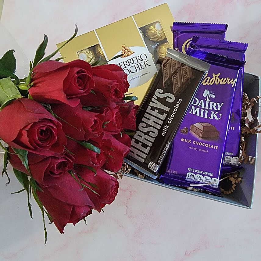 Happy Valentines Day Chocolates And Red Roses Bunch