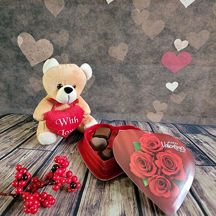 Valentines Special Cute Teddy And Assorted Truffles:Send Teddy Day Gifts to USA